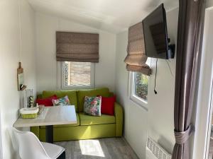 a living room with a green couch and a tv at Rhönstrand in Wartmannsroth