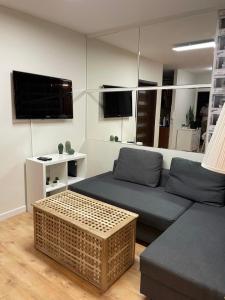 a living room with a couch and a tv at Apartament Podłęska in Krakow