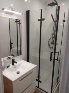 a bathroom with a sink and a glass shower at Apartament Arkada Centrum in Rzeszów