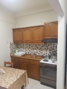 uma cozinha com armários de madeira e um forno com placa de fogão em KORONI MARE APARTMENTS em Koroni