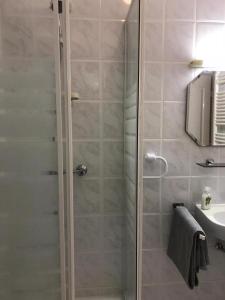y baño con ducha y puerta de cristal. en Forest gate Vendégház, en Mátraszentimre