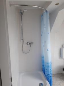 a shower with a blue shower curtain in a bathroom at Pension Zum Holzwurm Wittenberge in Wittenberge