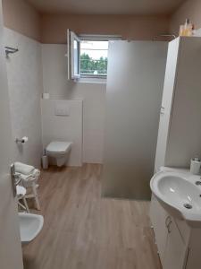 a bathroom with a sink and a toilet and a window at Apartment Luna Istriana in Medulin