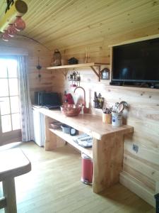 eine Küche mit einer Theke in einer Holzhütte in der Unterkunft Au Paradou du Bûcheron Adults only in Lessive