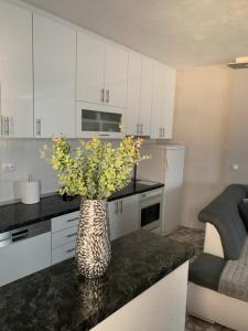 a kitchen with a vase with flowers on a counter at Apartman Bojanić in Trebinje