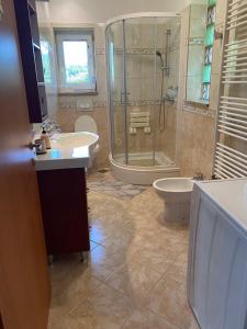 a bathroom with two sinks and a shower and a toilet at Apartment Villa Istriana in Koper