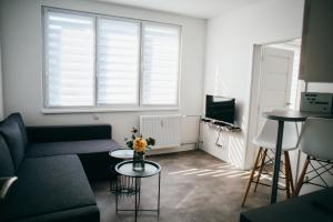 CK-Apartment في تشيسكي كروملوف: غرفة معيشة مع أريكة وطاولة