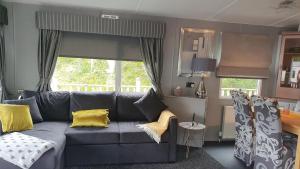 sala de estar con sofá azul y almohadas amarillas en 4 Squirrel View en Stranraer