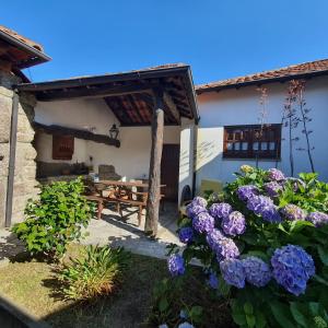 einen Garten mit lila Blumen vor einem Haus in der Unterkunft Casa do Contador T3 / T6 in Vieira do Minho