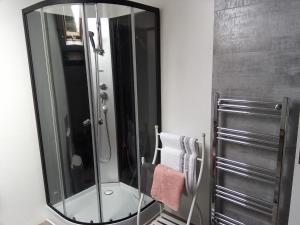 een badkamer met een douche en een spiegel bij Le Chalange in Lapenty