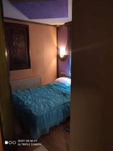 a bedroom with a bed with a blue blanket at apartmani mejdan in Tuzla