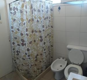 a bathroom with a toilet and a shower curtain at PUNTO COLON in Mendoza