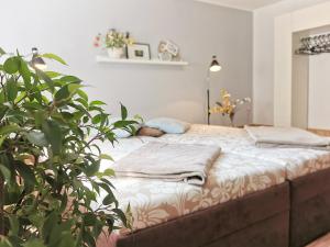 a bed in a bedroom with a potted plant at flex living - Business- und Ferienwohnung Wassermann in Dresden