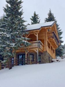 una cabaña de madera en la nieve en Horská chata KorAlpe en Hartelsberg