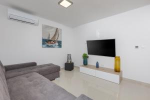 a living room with a couch and a flat screen tv at Apartma Skubic Duhljica in Vantačići