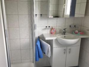 y baño blanco con lavabo y ducha. en Apartment Vermöhlen-Bohren Ruth by Interhome en Wilderswil