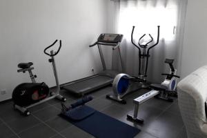 einen Fitnessraum mit mehreren Trainingsgeräten in einem Raum in der Unterkunft Maison équipée balnéothérapie et salle de sport in Saint-Avit