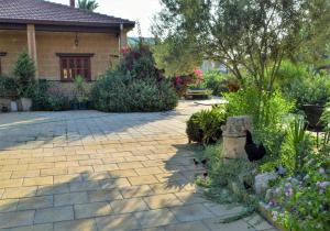 a garden area with a fire hydrant and a brick wall at Golden Palms Guest House & Cafe in Famagusta