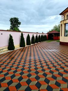 a tiled driveway with a row of trees next to a wall at Vila NICHOLAS in Bărcăneşti