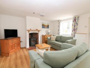 a living room with a couch and a tv at Wallflower Cottage in Norwich