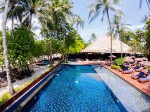ein Infinity-Pool in einem Resort mit Liegestühlen und Palmen in der Unterkunft J4 Samui Hotel - SHA Plus in Chaweng