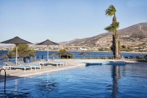 a pool with a palm tree and chairs and a palm tree at Poseidon of Paros Hotel & Spa in Chrissi Akti
