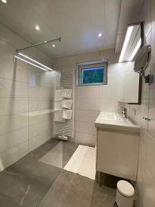 uma casa de banho branca com um lavatório e um WC em Apartments Hohenberger em Mallnitz