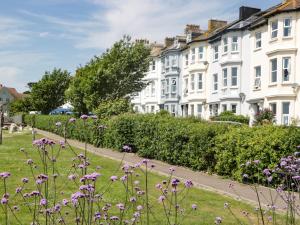 a row of houses with purple flowers in the grass at Bay Tree House in Seaton