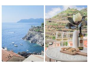 a collage of two pictures of the ocean and a bottle of wine at Dreamers Sea View in Manarola