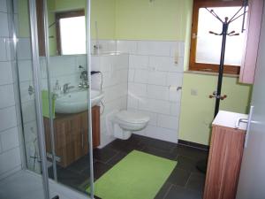 a bathroom with a toilet and a sink and a shower at Ferienwohnung Schwäbische Alb in Justingen +20 photos