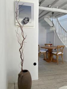 a vase with a plant in the middle of a room at Raphael Skiathos Living-Olga in Skiathos Town