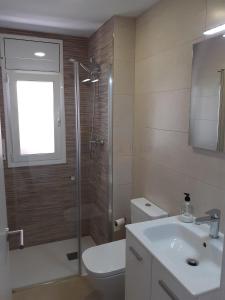 uma casa de banho com um chuveiro, um WC e um lavatório. em Apartamentos Dins Mar Apto. 3 em Torredembarra