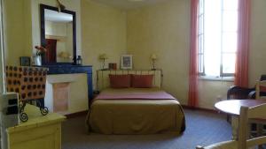 sypialnia z łóżkiem, kominkiem i lustrem w obiekcie Chambre d'hôte Farniente w mieście Aigues-Mortes