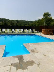 a large blue swimming pool with lounge chairs on a patio at Casa Teju 2 in Slănic