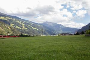 un campo de césped verde con montañas en el fondo en Ledererhof, en Aschau