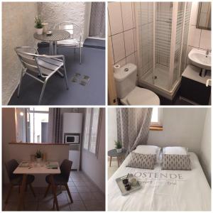 un collage de trois photos d'une salle de bains et d'une chambre dans l'établissement Studio centre avec terrasse, à Avignon