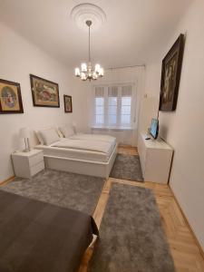 uma ampla sala de estar com uma cama e um lustre em Melinda Apartman 2 em Budapeste