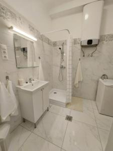 a bathroom with a sink and a shower and a toilet at Melinda Apartman 2 in Budapest