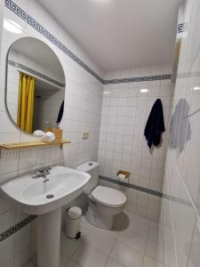 un bagno con lavandino, WC e specchio di La Buganvilla Beach House a Calahonda