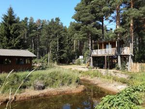 a house with a deck next to a river at Elulõng Camping in Venekyula