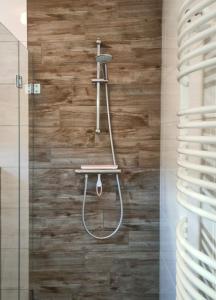 een douche in een badkamer met een houten muur bij b&b de Wensput in De Moer