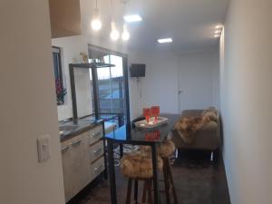 a kitchen with a table and a sink and a chair at Casa Container in Bagé