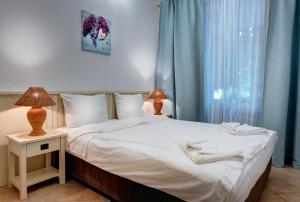 ロゼネッツにあるOasis Apartmentのベッドルーム(青いカーテン付きの白い大型ベッド1台付)