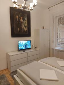 a bedroom with two beds and a television on a dresser at Melinda Apartman 2 in Budapest