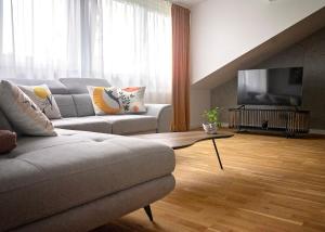 a living room with a couch and a flat screen tv at Modern Apart w Centrum in Chełm +4 photos