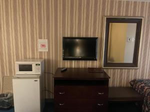 a hotel room with a microwave and a television at Dollinger's Motor Inn in Albion