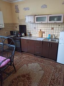 a kitchen with a sink and a refrigerator at Петропавловская 16 in Okhtyrka