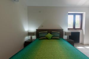 a bedroom with a large bed with a green blanket at IL GIARDINO in Procida