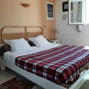 a bedroom with a bed with a plaid blanket at Ostréane-en-Ré in Rivedoux-Plage