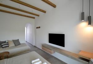 a living room with a couch and a tv on a wall at Sea-duction Studios in Nea Irakleia